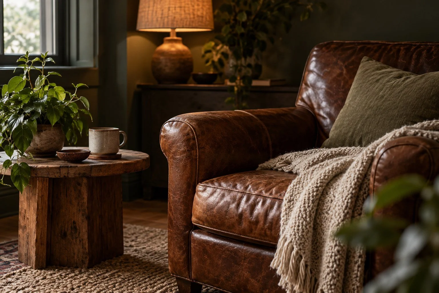 A leather armchair, woven blanket, and warm lamplight.