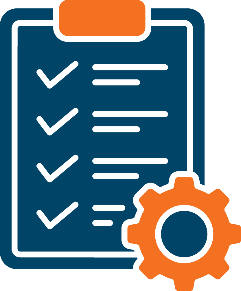 A checklist on a clipboard with checkmarks, accompanied by a gear icon, symbolizing task management or process settings.