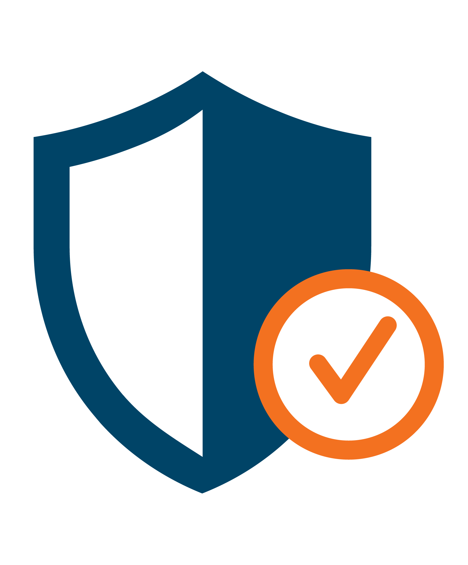 A 3D cube with a shield outline in dark blue behind it. An orange circle with a white checkmark overlaps the bottom right corner of the cube and shield.