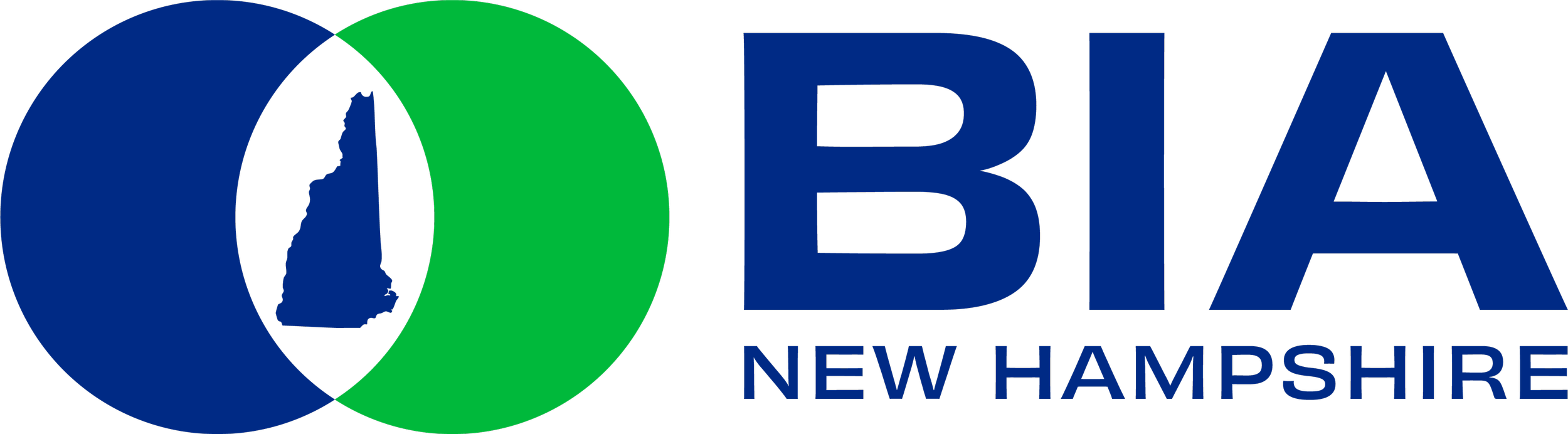 Logo of BIA New Hampshire, featuring overlapping blue and green circles with a black silhouette map of New Hampshire in the center.