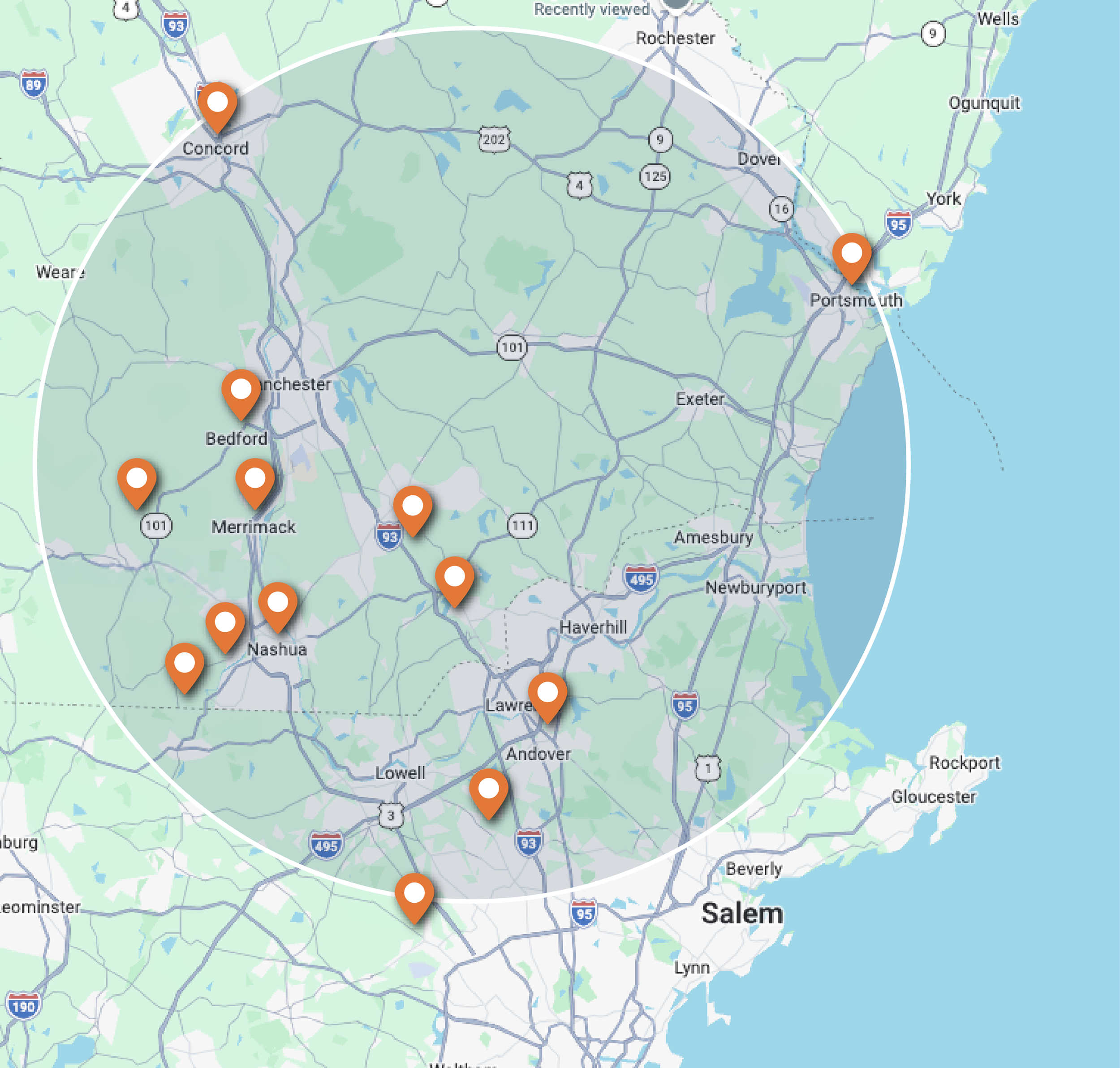 Map showing locations around the Southern New Hampshire and Northern Massachusetts area with orange markers indicating specific points of interest.