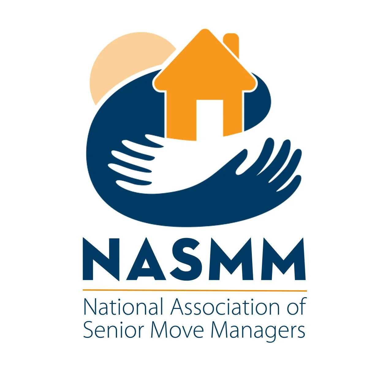 Logo of the National Association of Senior Move Managers featuring a house, two hands, and a sun with the organization's name.