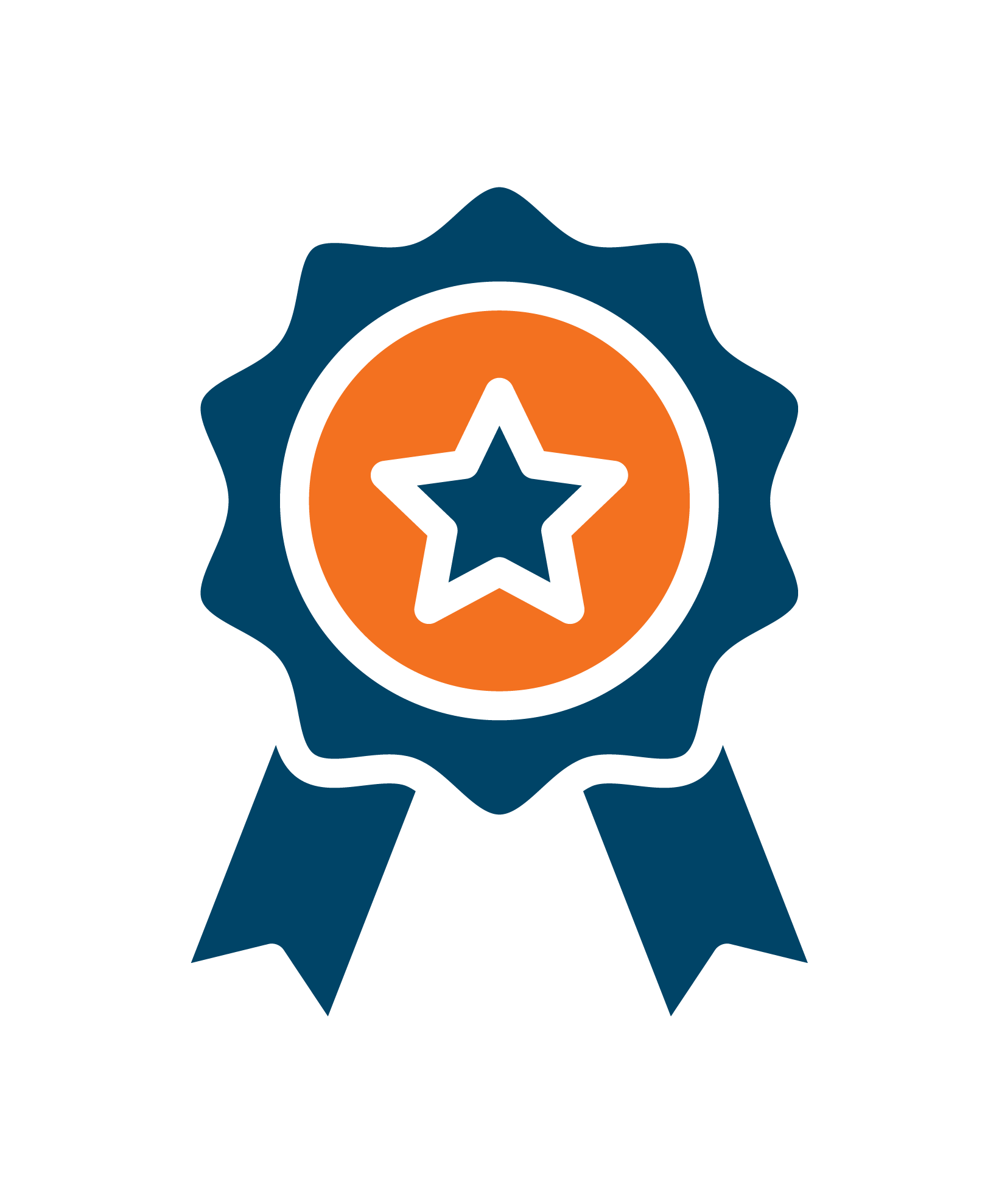 A blue and orange award ribbon with a black star in the center.