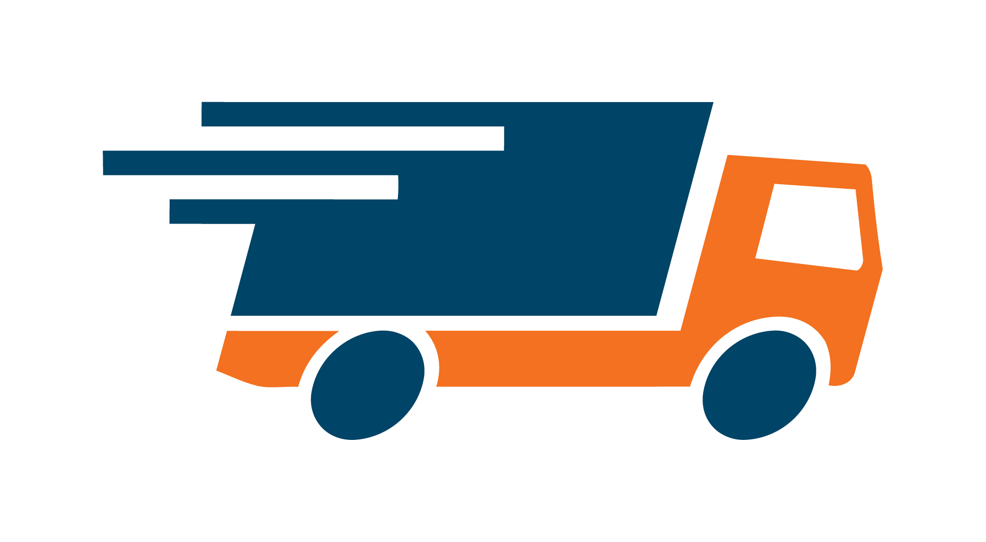 A stylized graphic of a delivery truck in orange with a dark blue cargo area, with three horizontal lines indicating motion to the left.