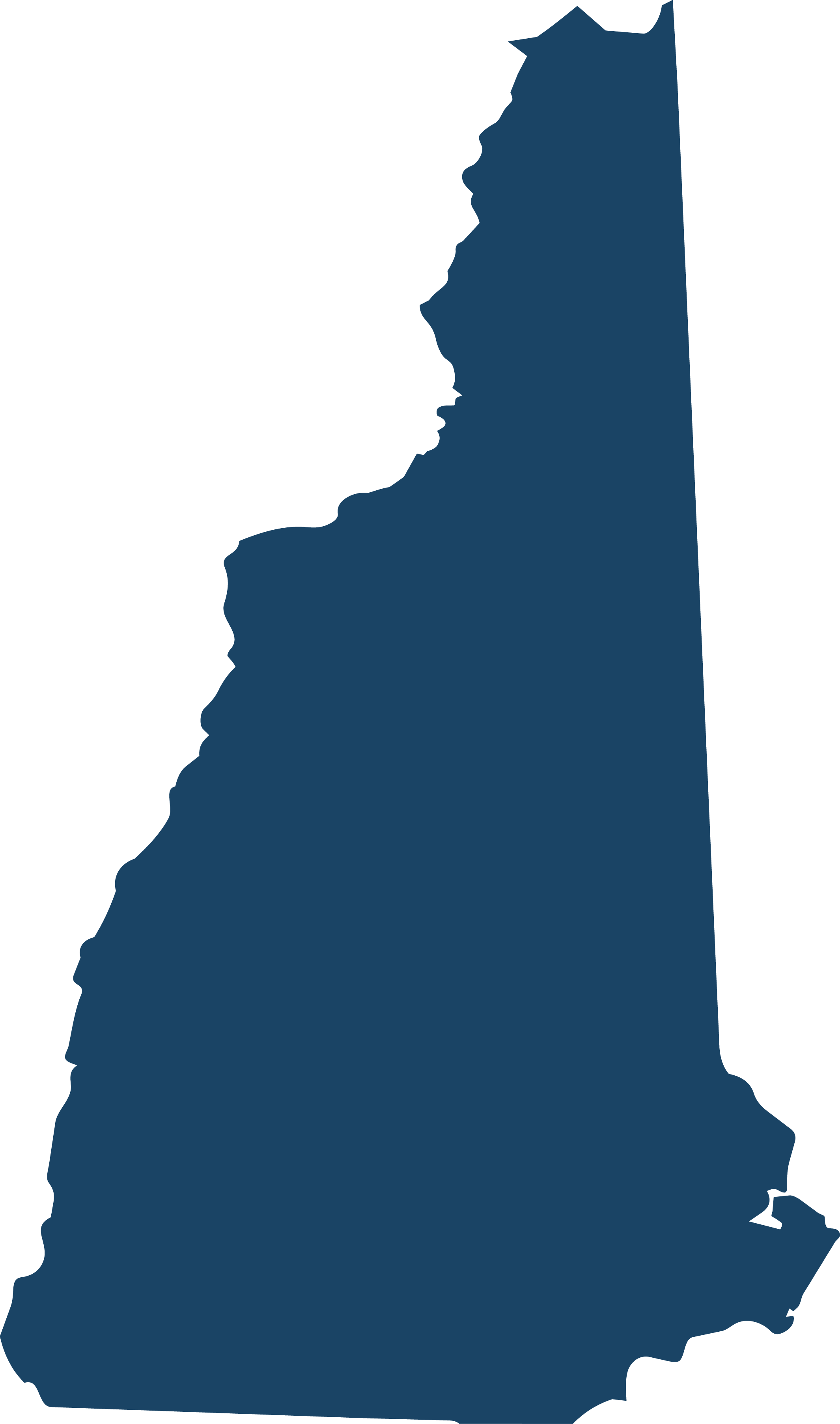 A silhouette of the state of New Hampshire in the United States with dark blue fill and black outline