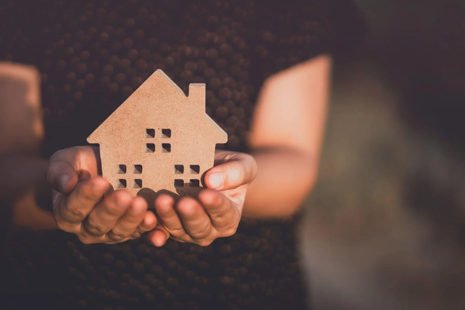 A person holding a wooden house-shaped cutout with small window openings.