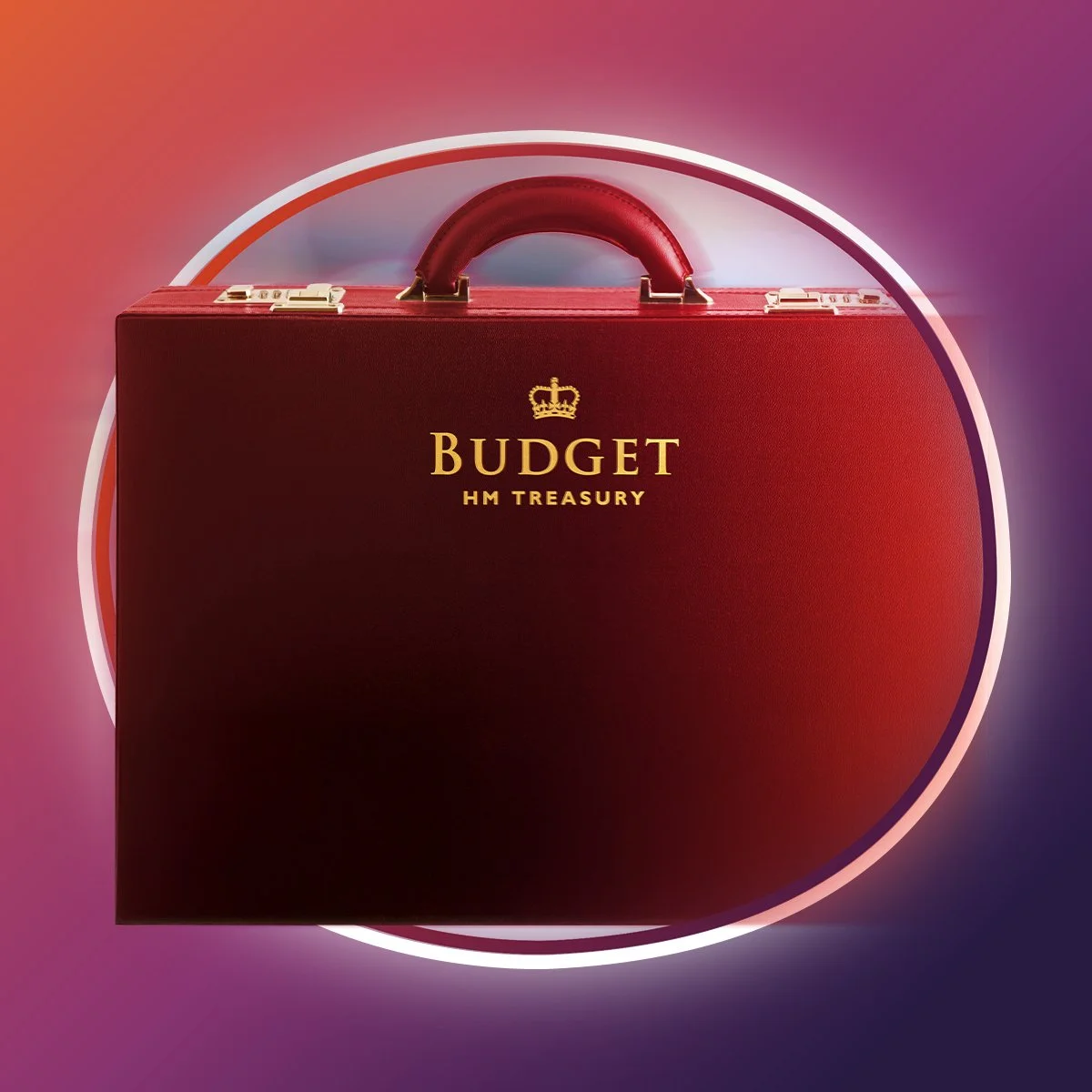 A red briefcase labeled "Budget HM Treasury" with a crown emblem on a colorful background with neon glow.