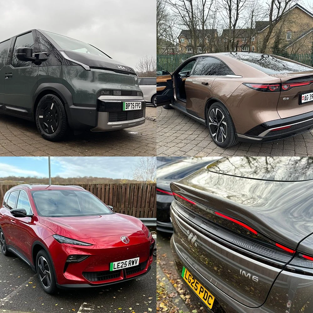 Collage of four electric vehicles: top left is a dark green Kia electric van; top right is a bronze Kia Electric sedan with doors open; bottom left is a red MG electric SUV; bottom right is a black Audi e-tron SUV with a yellow license plate.