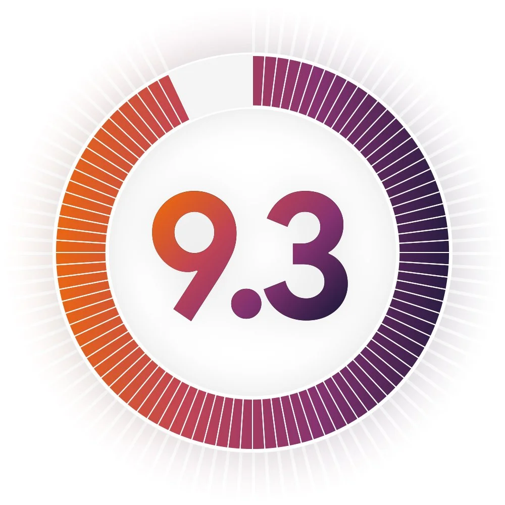 Colorful circular progress gauge showing a score of 9.3 in the center.