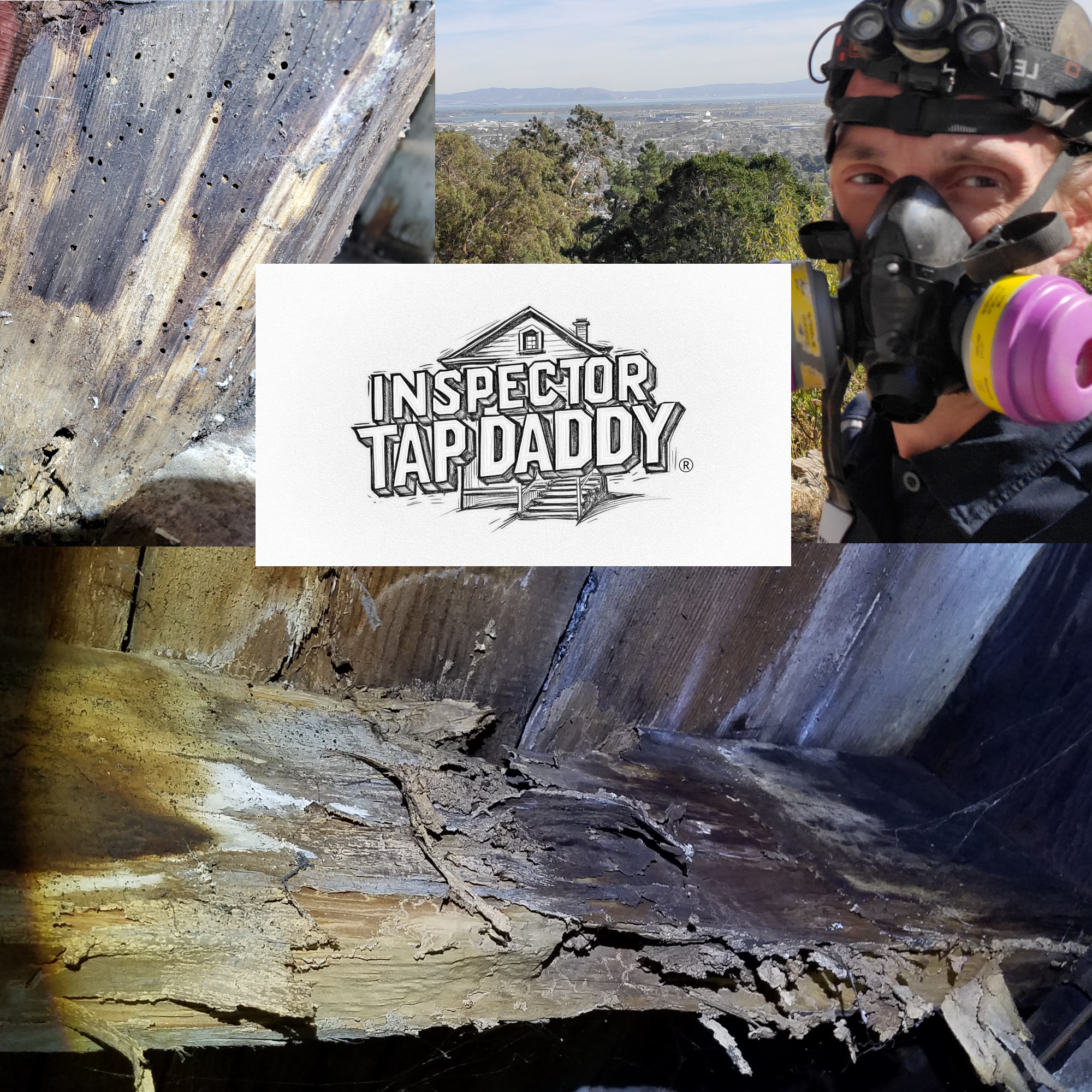 Close-up of a damaged wood log showing small holes and cracks, with a helmeted person in the background taking a selfie outdoors, possibly on a mountain or hill with a city view in the distance, and a logo reading 'Inspección Tap Daddy'.