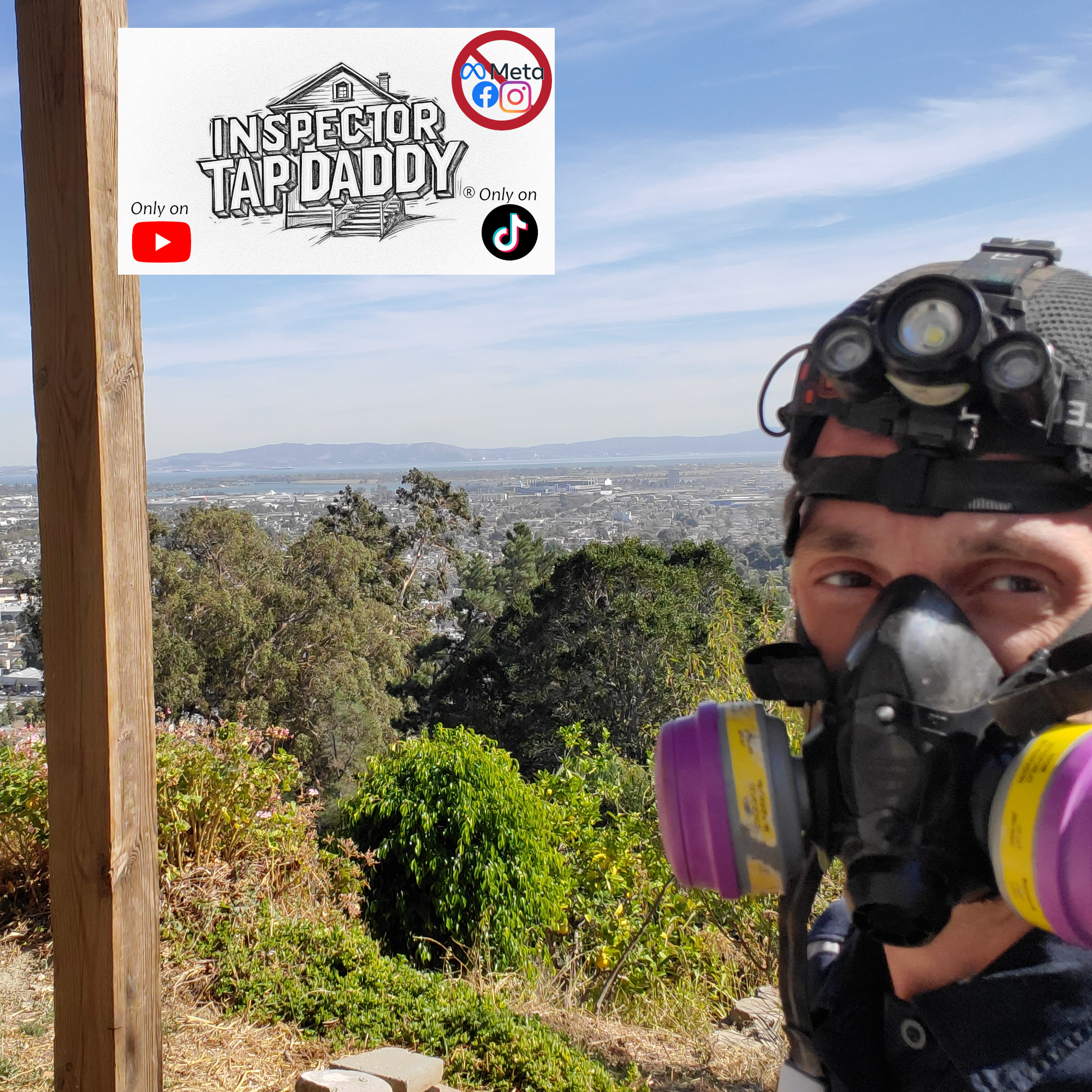A partially visible man wearing a helmet is in the foreground, with a wooden post on the left. A sign in the background reads "Inspector Tap Daddy" with logos of social media platforms and the words "Only on" followed by YouTube and TikTok icons. The background shows a scenic view of a cityscape, mountains, and a partly cloudy sky.