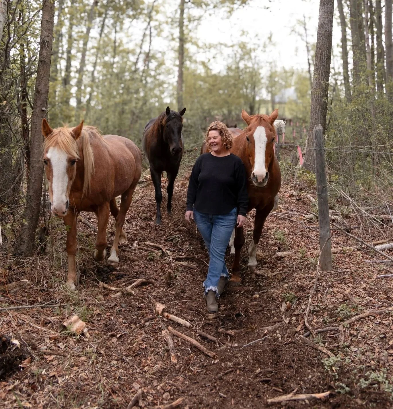 Janet Langevin walking through the woods with her herd at Hoofstone Acres in Alberta.
