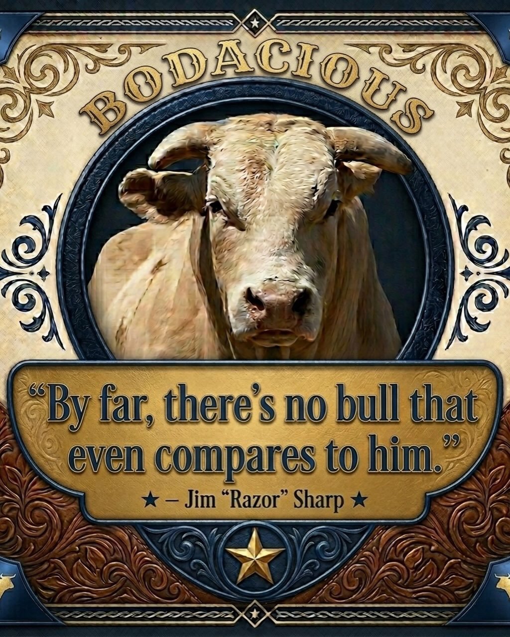 🚨BODACIOUS

&ldquo;There&rsquo;s no bull that even compares to him.&rdquo; &mdash; Jim &ldquo;Razor&rdquo; Sharp

When a world champion like Jim Sharp says something like that, it means something.

Because Jim rode against the toughest bulls in rode