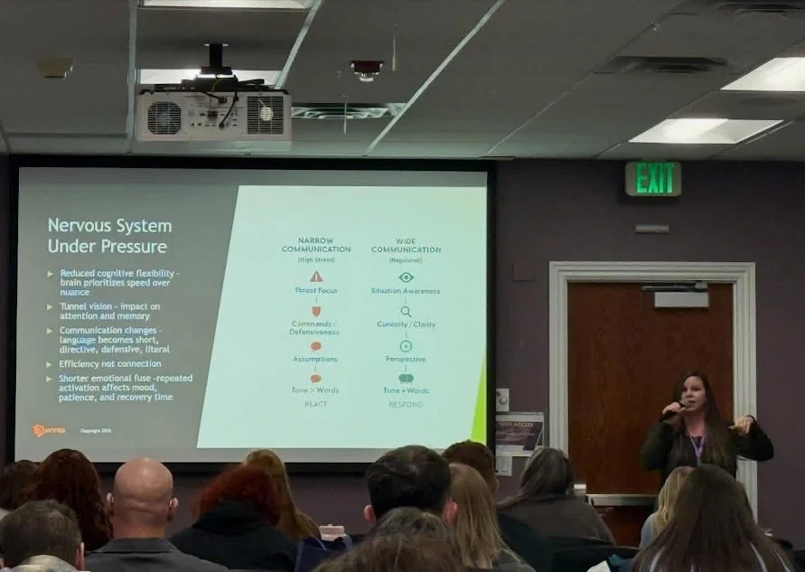 A woman giving a presentation on the nervous system under pressure in a conference room full of attendees, with a slide displaying methods of communication and their effects.