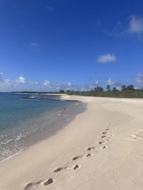 Empty sandy beach with footprints, calm ocean waters, and a blue sky with scattered clouds.