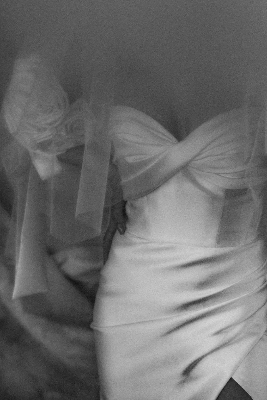 A woman in a strapless wedding dress.