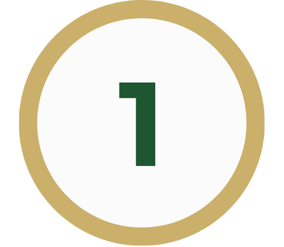 A gold and white circular medal with the number one in the center