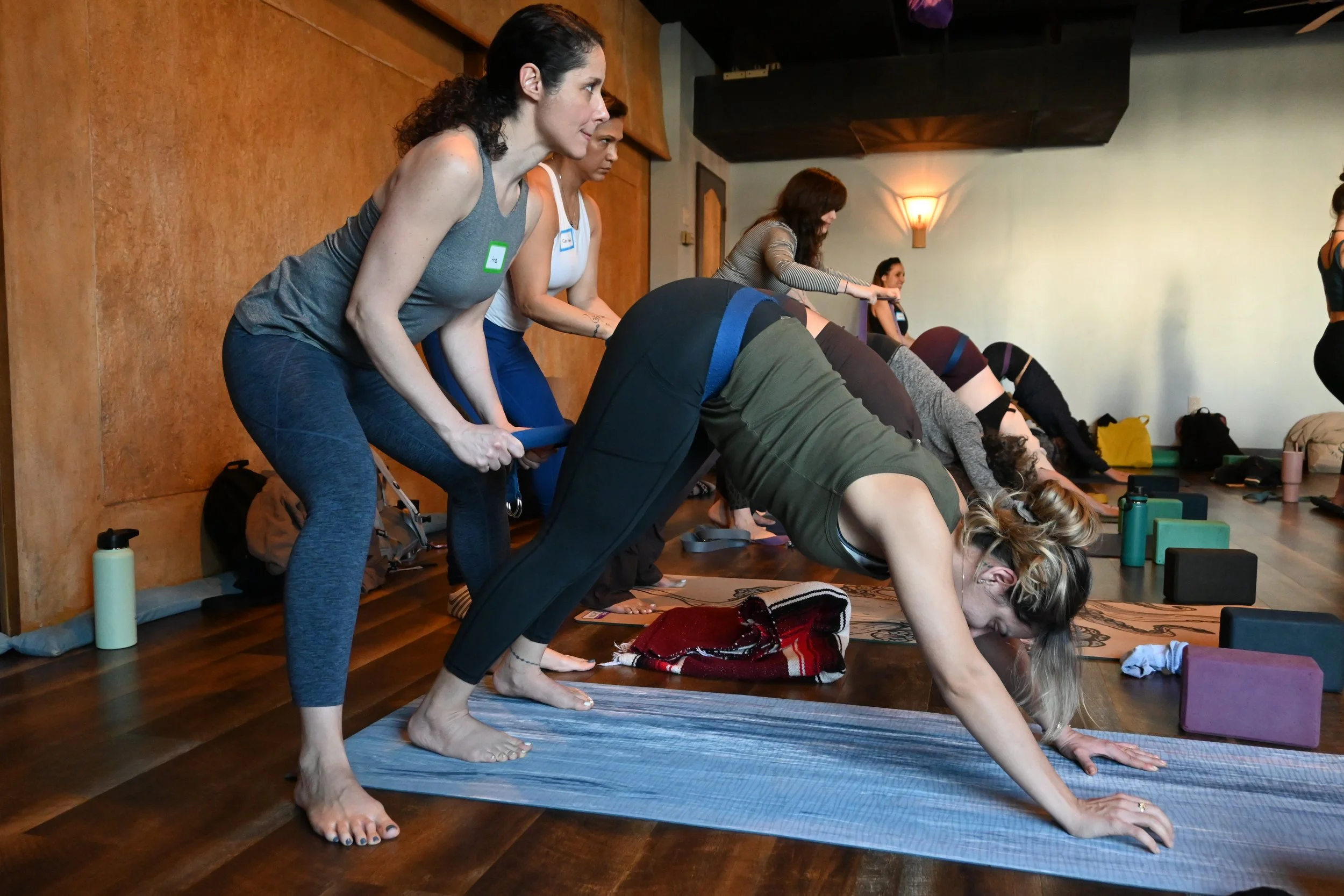 A group of women practicing yoga in a studio, performing a forward bend pose on yoga mats with their heads toward the ground, led by an instructor.