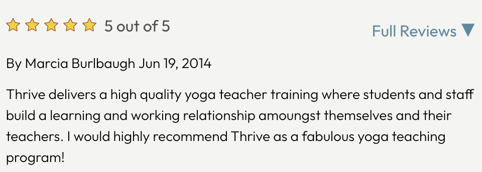 A five-star review of Thrive yoga teacher training with text praising the program for high quality and effective learning experience.