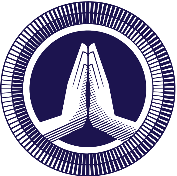 A circular emblem with a dark blue background and black outline, featuring stylized hands pressed together in prayer or greeting within a circle