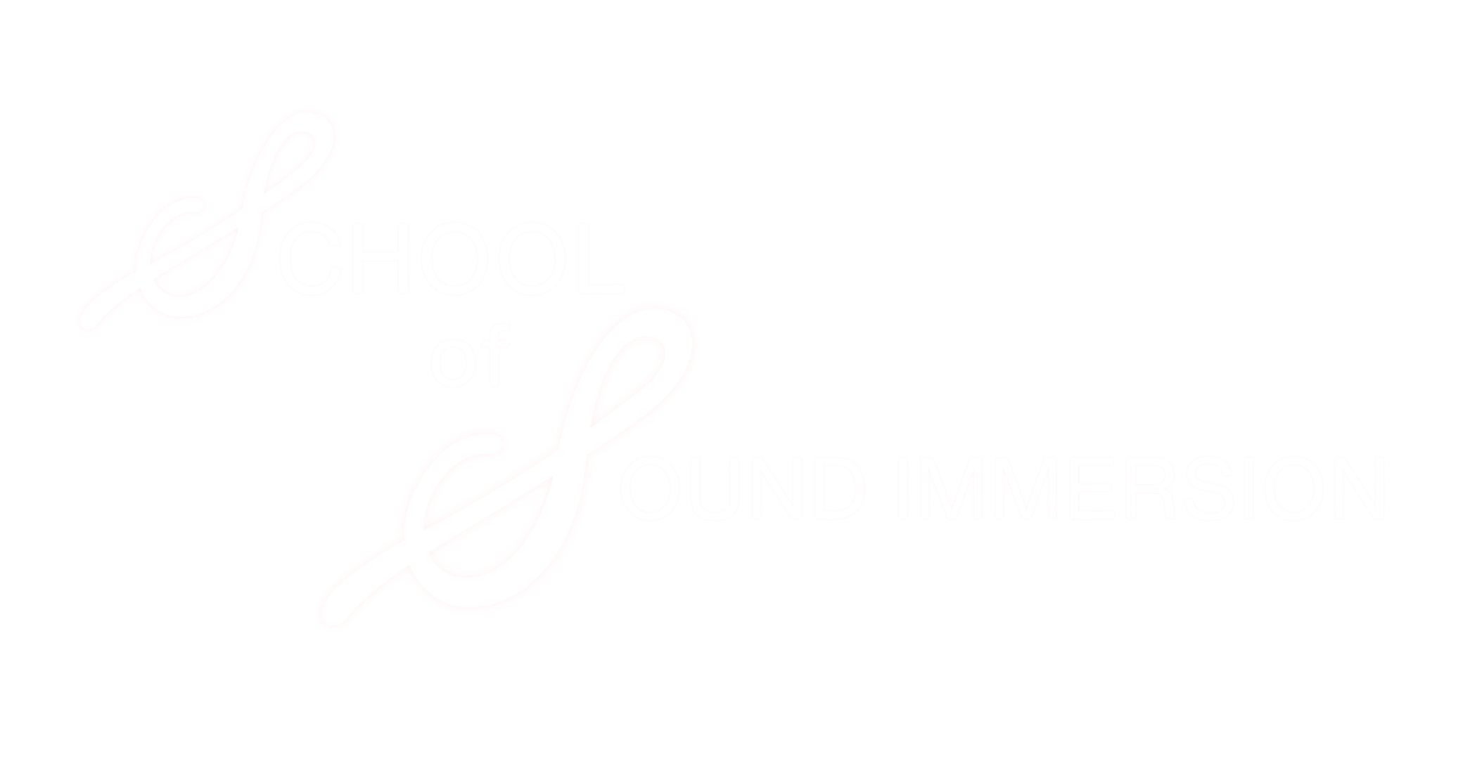 The image features a neon pink script text that reads 'L' and 'of'. Beneath the script, there are faint, capitalized words that spell 'SCHOOL of SOUND IMMERSION' on a plain white background.