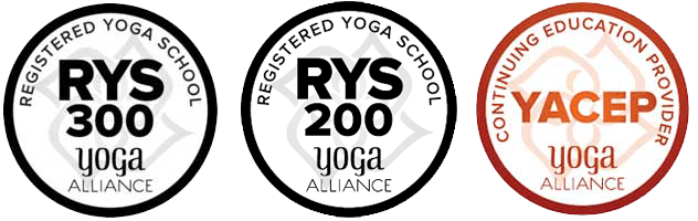 Three circular badges with black and orange text and logos. The first badge is for RYS 300 Yoga Alliance, the second for RYS 200 Yoga Alliance, and the third for YACEP Continuing Education Provider.