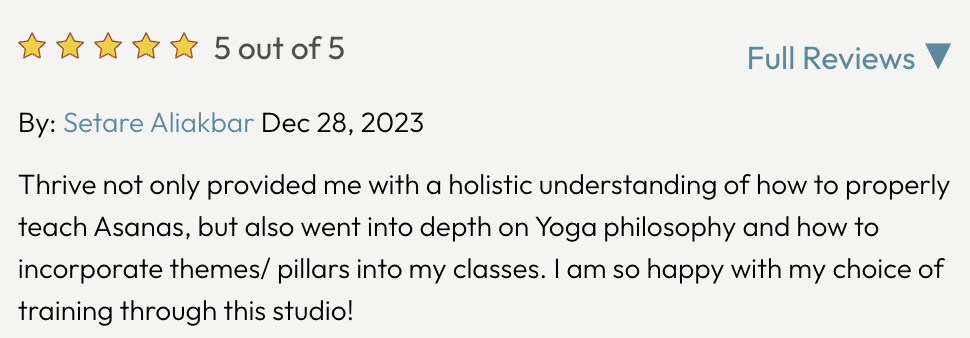 5-star review with full star icons, titled 'Full Reviews,' by Setare Aliakbar, dated December 28, 2023, praising holistic yoga training.