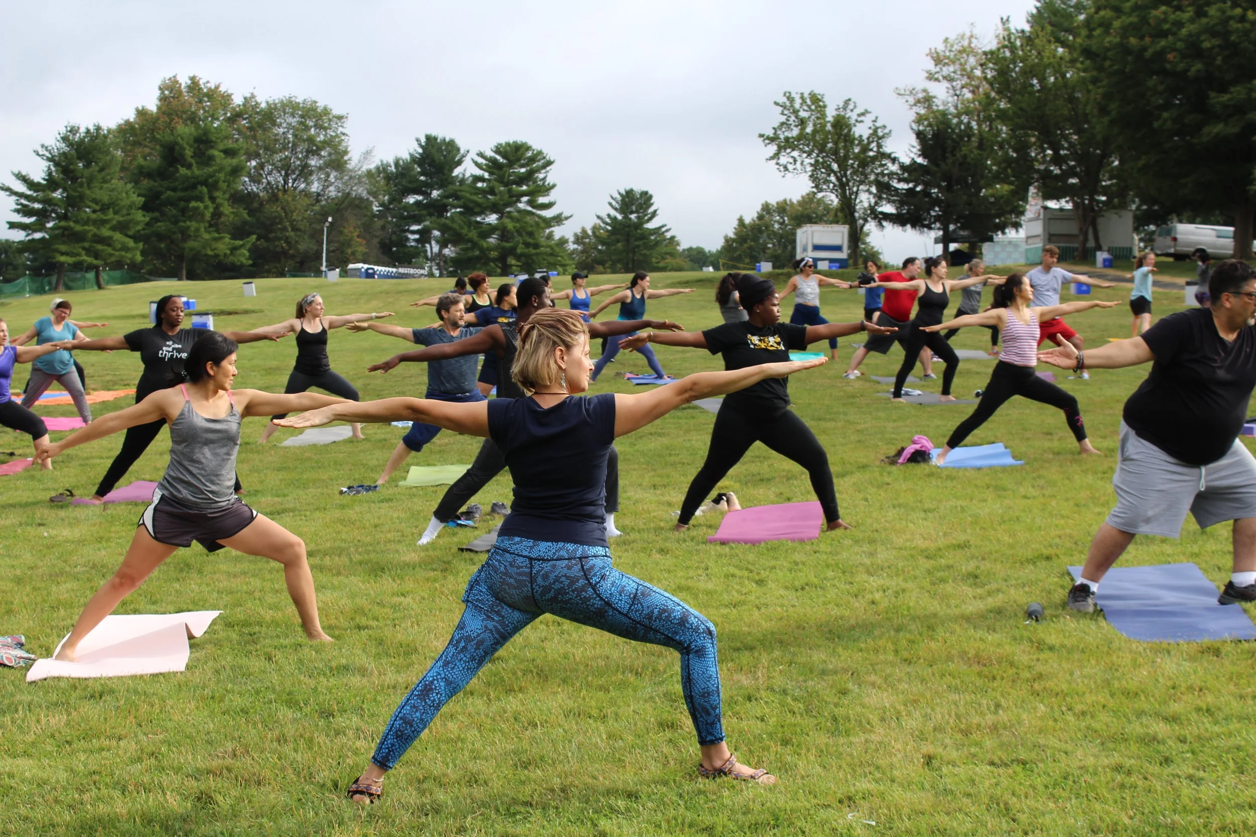 A large group of diverse people participating in an outdoor yoga class on a grassy field, practicing poses with arms extended and legs bent.