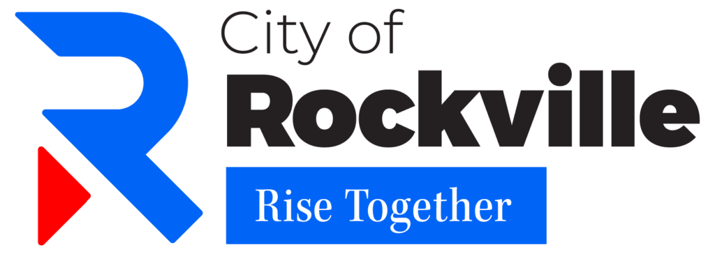 Logo of the City of Rockville with a stylized blue 'R', a red arrow, and the words 'City of Rockville' and 'Rise Together' in blue.