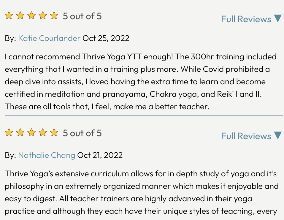 Customer reviews with 5-star ratings for Thrive Yoga training, praising its comprehensive curriculum, learning opportunities, and expert instructors.