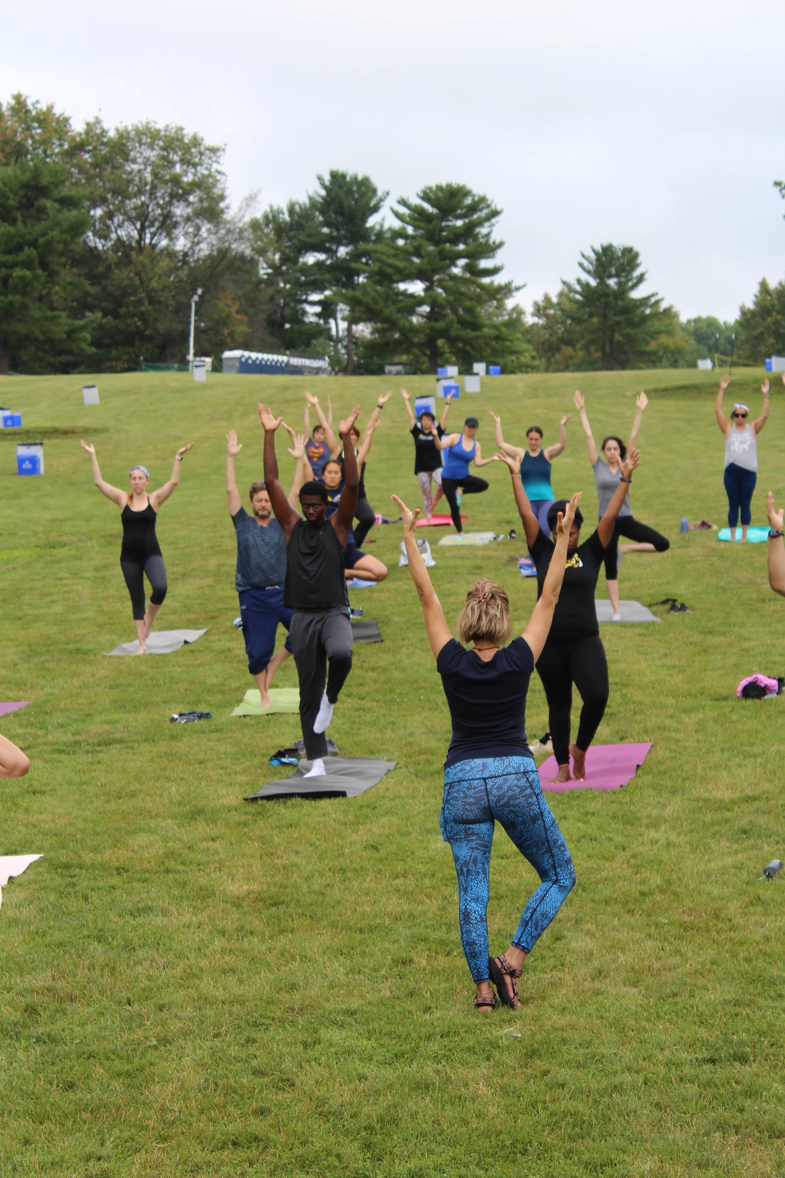 People participating in an outdoor yoga class on a grassy field, with trees in the background and some portable toilets, all practicing poses with arms raised.
