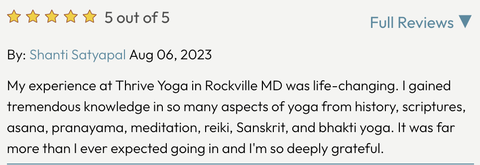 Screenshot of a 5-star review for Thrive Yoga in Rockville, MD, dated August 6, 2023, praising the life-changing experience and knowledge gained in yoga disciplines.