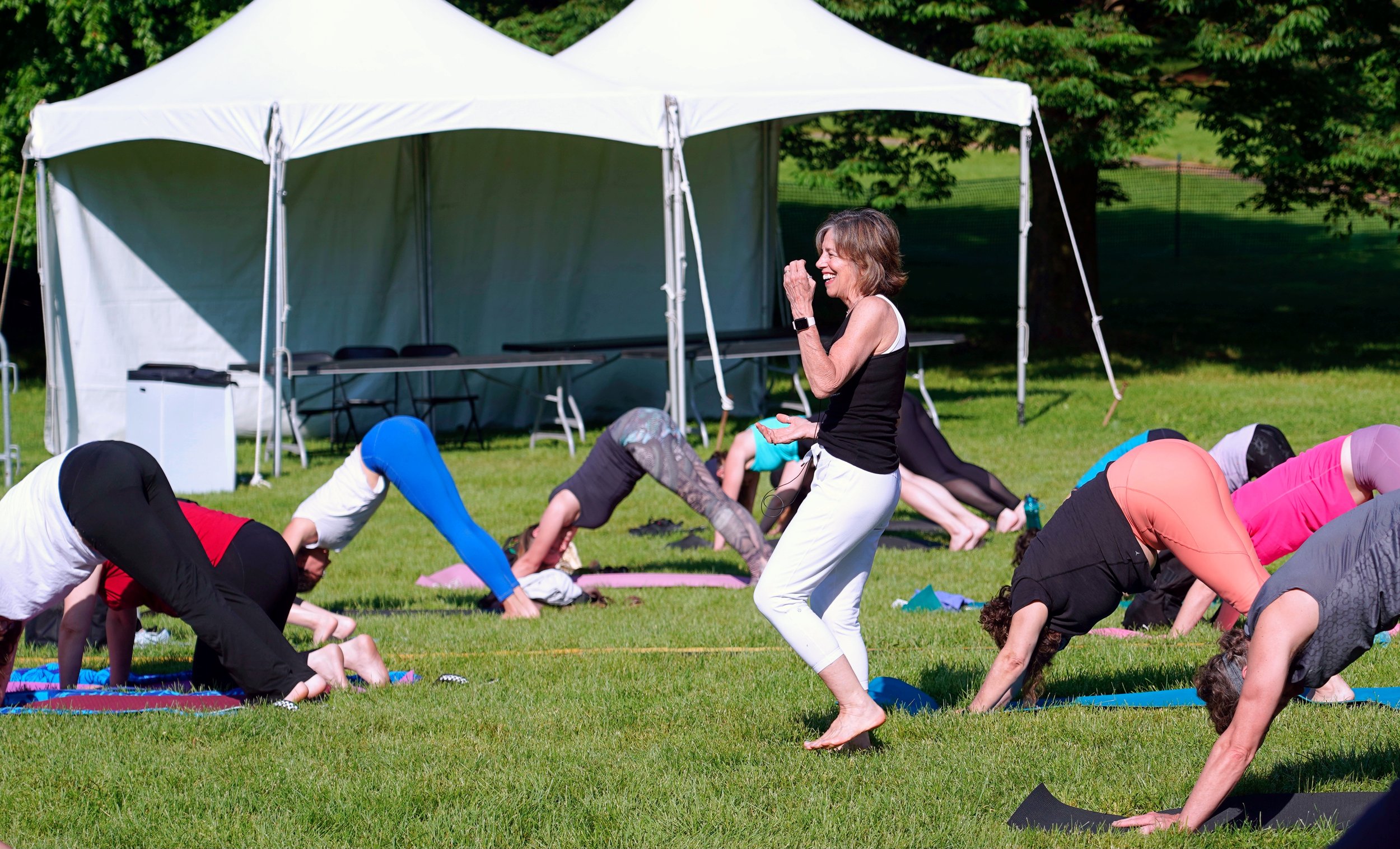 A group of people practicing yoga outdoors on a grassy field under a white canopy tent, with some individuals in a downward dog pose and a smiling woman standing and clapping among them.