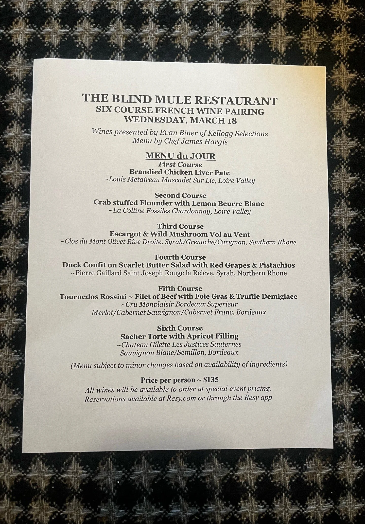 Last call for The Blind Mule&rsquo;s 6 Course French Wine Pairing on Wednesday, March 18, 6:00pm. Reservations available until noon on March 17. Bon Apetit! 💕
Check out Blind Mule March 18 ~ Six Course French Wine Dinner on Resy. https://resy.com/li
