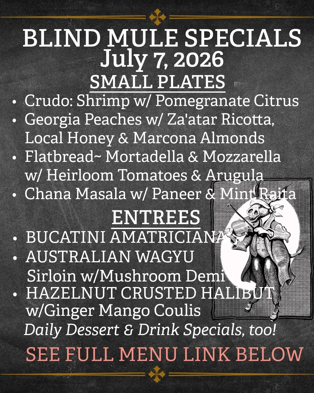 Savor Summer at The Blind Mule with fresh specials to start the new week! Golden Hour $5.00 Tapas Specials 7-8pm through the month of July. See you in downtown Brevard!