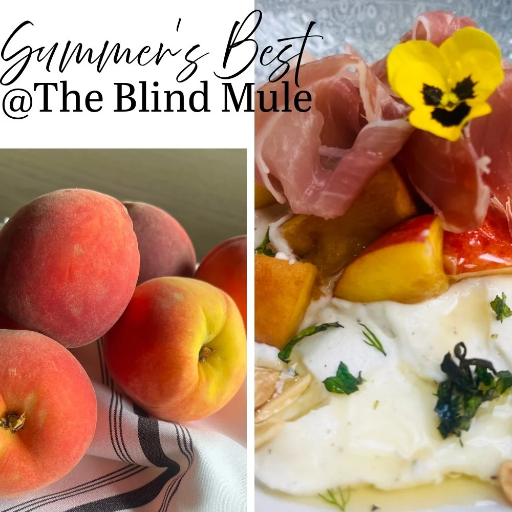 Enjoy the season&rsquo;s best at The Blind Mule in Brevard. Every day Chef James creates incredible dishes with the freshest ingredients. Today&rsquo;s menu includes Georgia Peaches with Herbed Ricotta &amp; Prosciutto while it lasts! Open Tuesday th