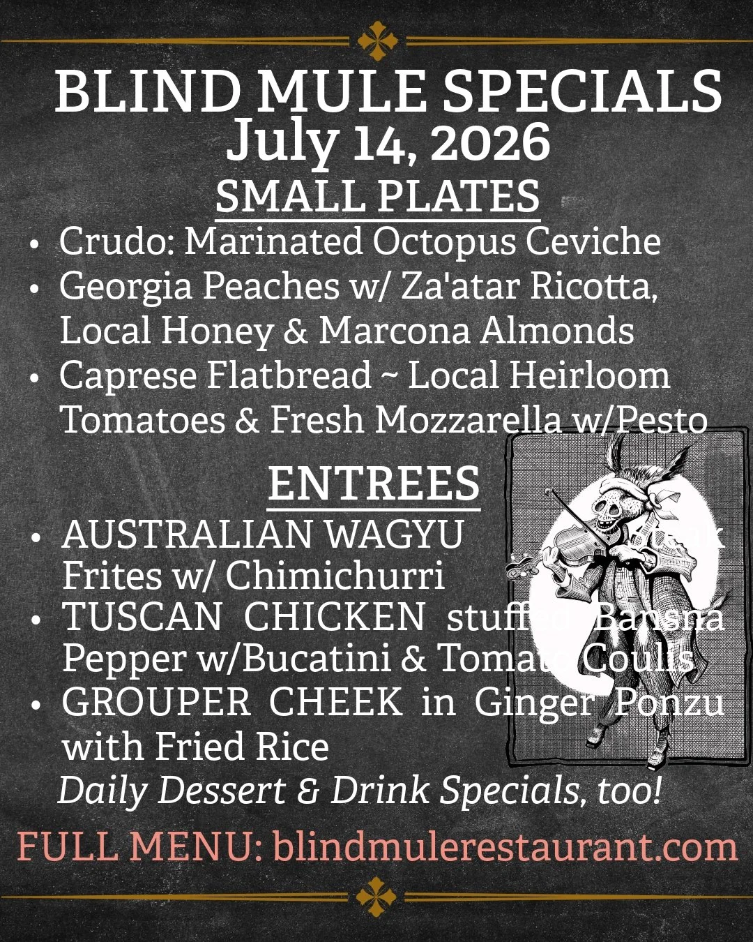 Cheers to fresh Daily Specials at The Blind Mule in downtown Brevard! Local Heirloom Tomatoes, Peaches, &amp; Berries are at their best. Pair with one of our Italian Wine Specials to complete the experience: Fiano from Puglia, Barbera Rosato and Nebb