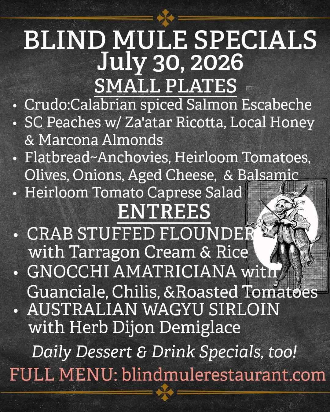 Fresh Daily Specials at the Blind Mule in downtown Brevard bring you the best of summer! Thursday is the last day of our July Golden Hour Special: $5 select Tapas from 7-8pm. It's a beautiful day to dine outside or in, so come on over!