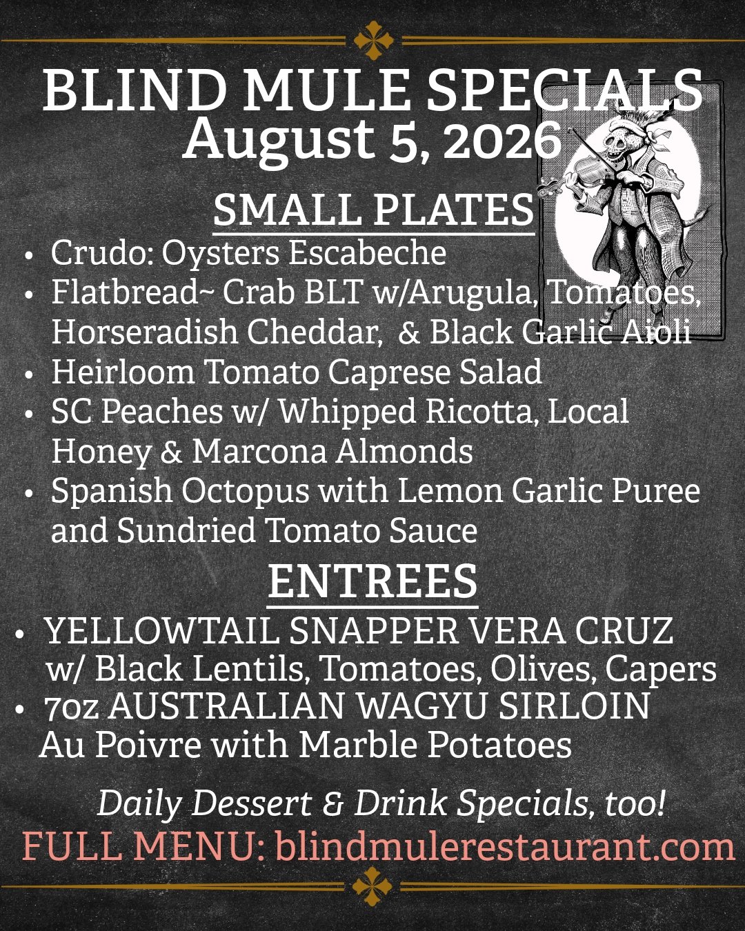 Fresh Specials at The Blind Mule Restaurant in downtown Brevard make mid-week something to celebrate! Come see us  4:30-8:00pm. Our August Special is $5 Select Tapas 4:30-6pm. Reservations available through Resy or our website, walk-ins welcome until