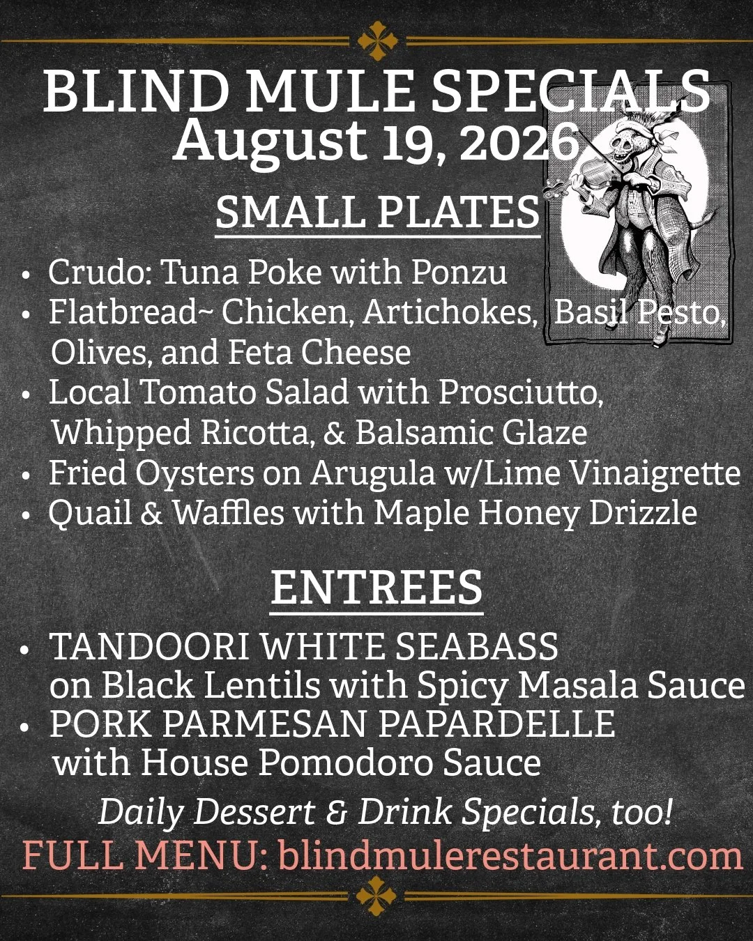 Join us for dinner Wednesday through Saturday for fresh daily specials at The Blind Mule in downtown Brevard. Wine flights pair perfectly for a truly unique dining experience. Reservations on Resy, walk-ins welcome.  Cheers to late summer adventures!