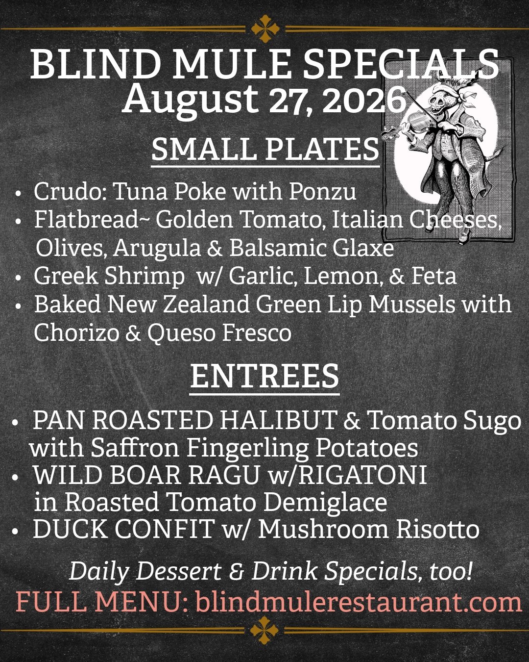 Today's Fresh Specials at The Blind Mule in downtown Brevard are a culinary tour of the Mediterranean. Add a wine flight to create a truly one of a kind dining experience. Dinner only Wednesday through Saturday 4:30 till our last reservation, walk-in