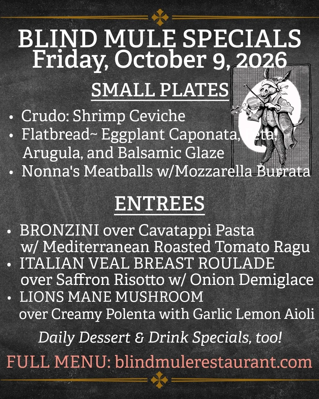 Happy Friday from The Blind Mule! We still have some early reservations available, and since we're closed Saturday for a private party, tonight is the night to come in for these amazing specials. See you in downtown Brevard!