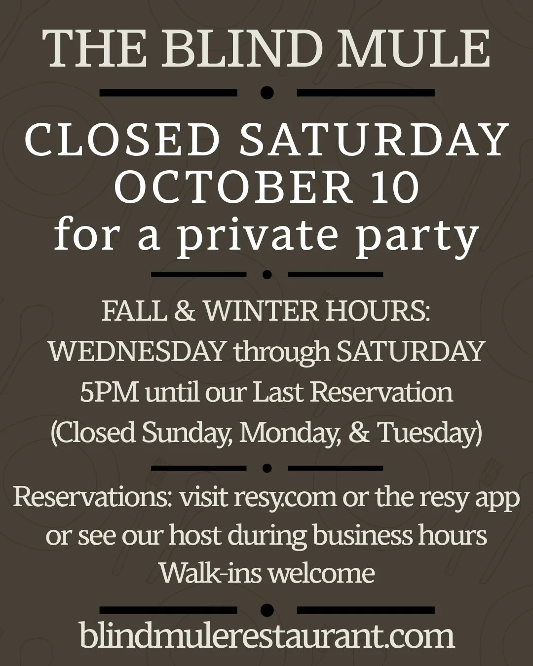Have a safe weekend, everyone. 
The Blind Mule is closed tonight, October 10, for a private party. See you next week!