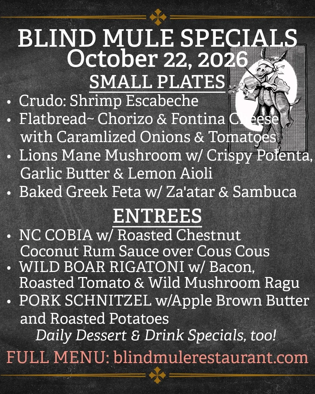 Happy Thursday! Beat the weekend crowd and come out for dinner in Downtown Brevard. This week's specials add even more delicious variety to the fall menu and pair perfectly with cooler temperatures and our newly updated wine list. Resy makes it easy 