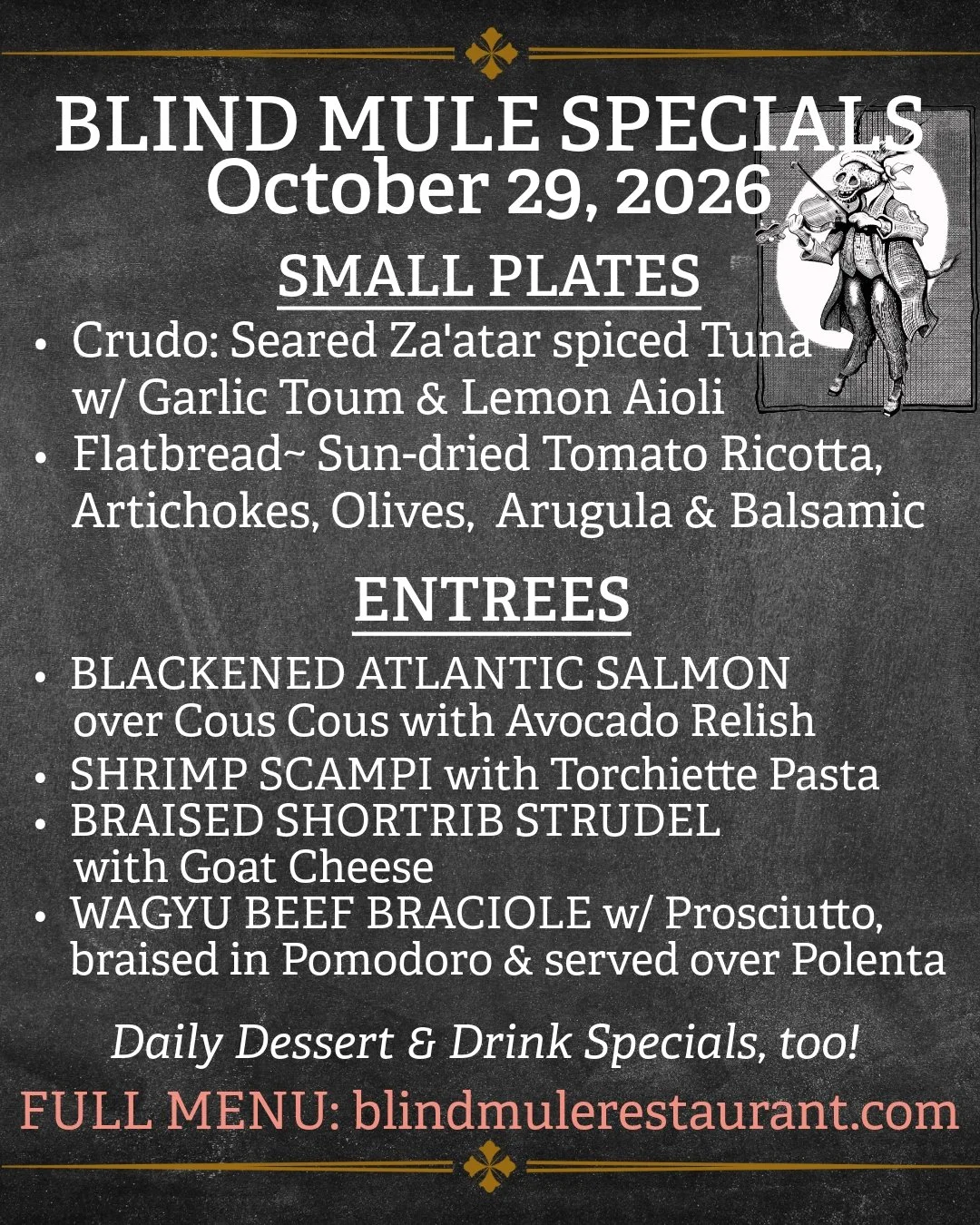 These Blind Mule specials won't last long and neither will the beautiful fall evenings, so beat the weekend crowds and come see us tonight in downtown Brevard!