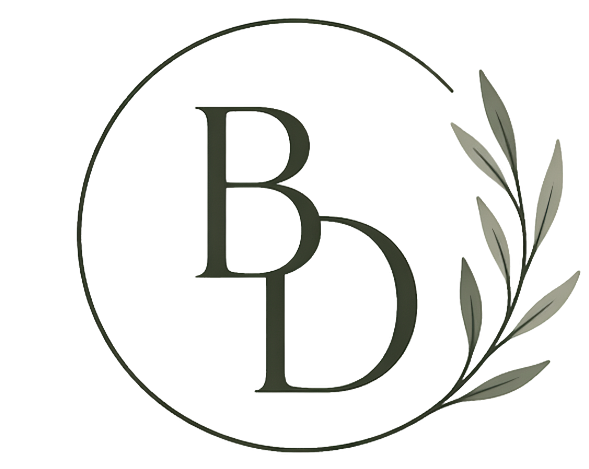 Elegant logo featuring a large letter B inside a circle, with a branch of leaves on the right side of the circle.