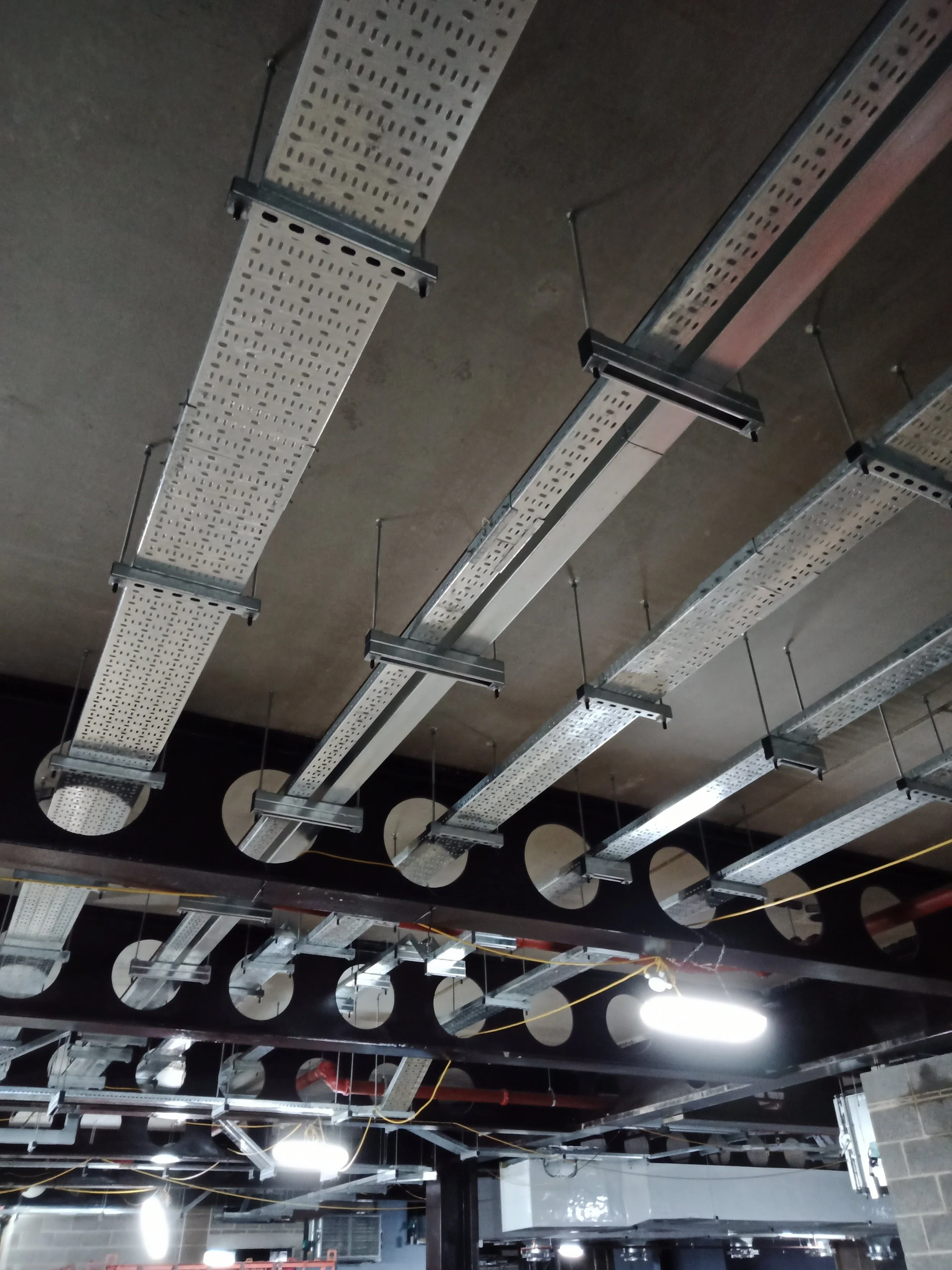 Metal ceiling with large perforated suspended ceiling grid panels and lighting fixtures.