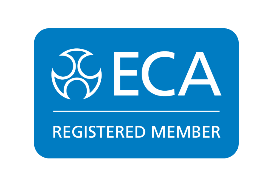 Blue registration badge with a stylized biohazard symbol, the letters 'ECA', and the words 'REGISTERED MEMBER'.