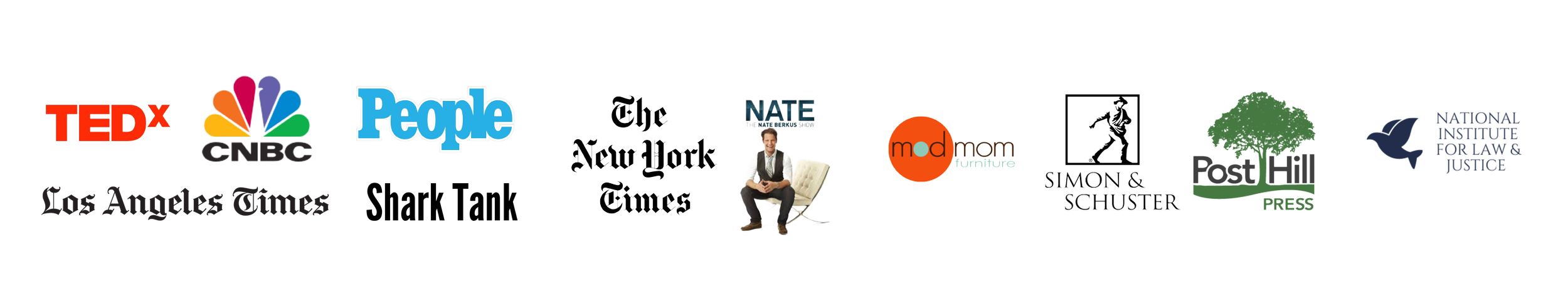 A collage of various media and news outlet logos, including TEDx, CNBC, People, The New York Times, The Nate Berkus Show, Mod Mom Furniture, Simon & Schuster, Post Hill Press, and the National Institute for Law and Justice, with a person sitting on a chair in the center.