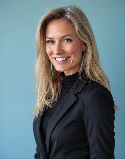 Portrait of a smiling woman with long blonde hair, wearing a black blazer and earrings, against a blue background.